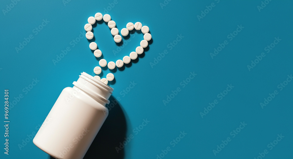 Pills forming heart shape from bottle on blue background for health and wellness concept Pills forming heart shape from bottle on blue background for health and wellness concept