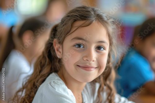 Wallpaper Mural Young girl learning alongside friends in a group setting, ideal for educational or social projects Torontodigital.ca
