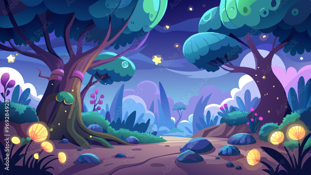 a whimsical, cartoon-style illustration of a magical forest at night. The scene is filled with large, colorful trees with thick trunks and lush canopies a whimsical, cartoon-style illustration of a magical forest at night. The scene is filled with large, colorful trees with thick trunks and lush canopies