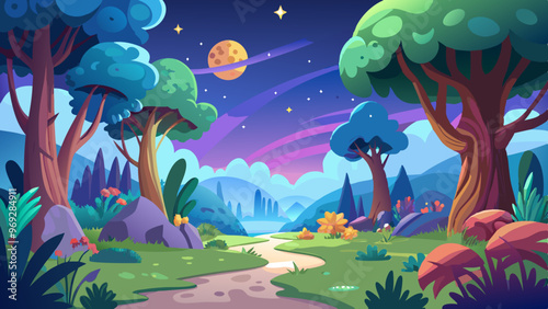 a colorful, cartoon-style illustration of a whimsical forest scene at night. The sky is a deep blue with stars scattered across it, and a large, yellowish moon with craters is visible