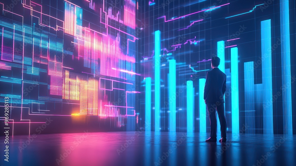 Cartoon Business Leader Analyzing 3D Glowing Financial Stats Bar Chart in High Luminosity - 32K Resolution, Generative AI Cartoon Business Leader Analyzing 3D Glowing Financial Stats Bar Chart in High Luminosity - 32K Resolution, Generative AI