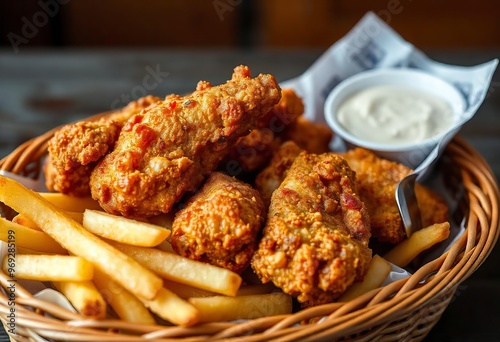 Fried chicken with French fries photo