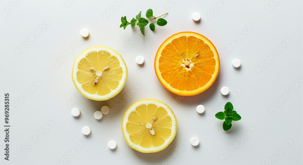 Citrus fruits and pills for health benefits with fresh orange and lemon on a light background Citrus fruits and pills for health benefits with fresh orange and lemon on a light background