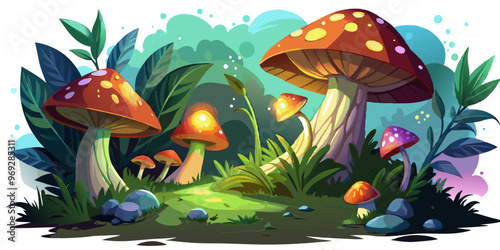 an illustration of a whimsical forest scene featuring several large, colorful mushrooms. The mushrooms have red caps with white spots and thick, pale stems