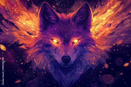 A majestic wolf with radiant blue eyes, adorned in vibrant, colorful feathers, set against a galactic backdrop... photo