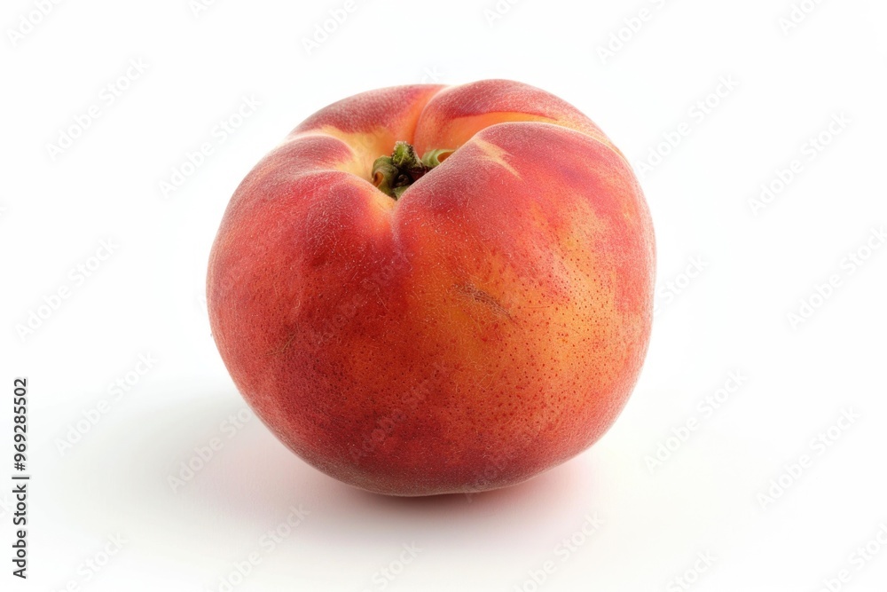 A ripe peach sits alone on a clean white surface A ripe peach sits alone on a clean white surface