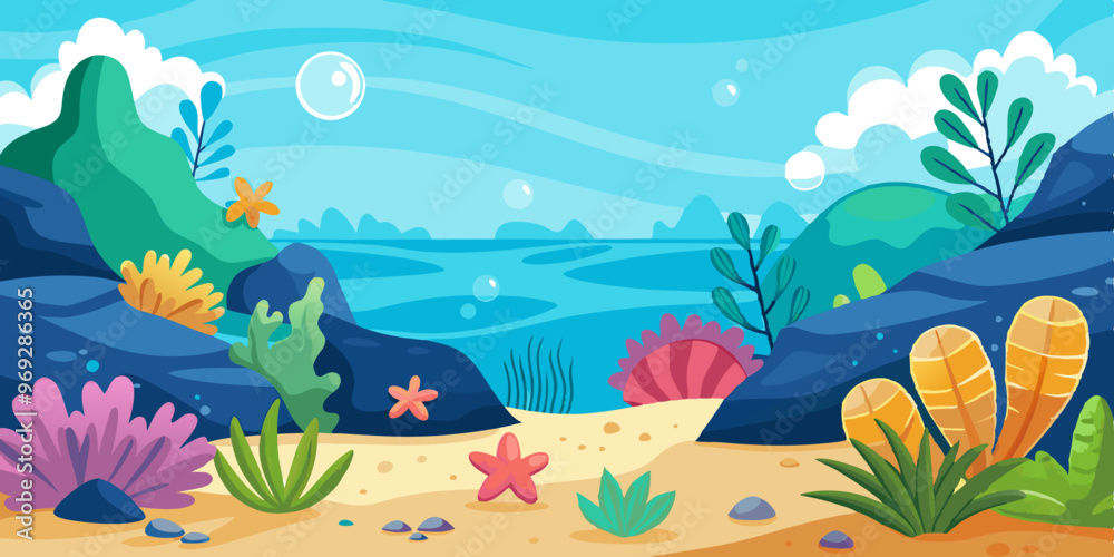a colorful cartoon illustration of an underwater scene. It features a sandy ocean floor with various types of sea plants and corals in vibrant colors like pink, yellow, and green a colorful cartoon illustration of an underwater scene. It features a sandy ocean floor with various types of sea plants and corals in vibrant colors like pink, yellow, and green