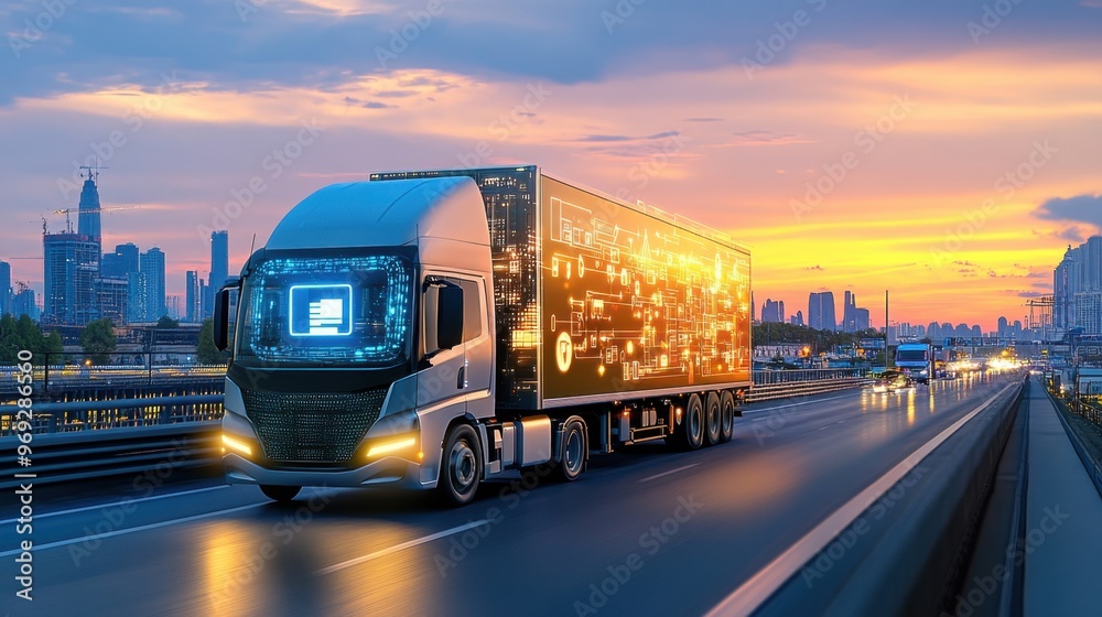 Self-driving trucks, futuristic logistics system, automated delivery, smart infrastructure Self-driving trucks, futuristic logistics system, automated delivery, smart infrastructure