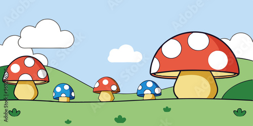 a cartoon-style illustration of a landscape featuring several large mushrooms. The mushrooms have red and blue caps with white spots and yellowish stems