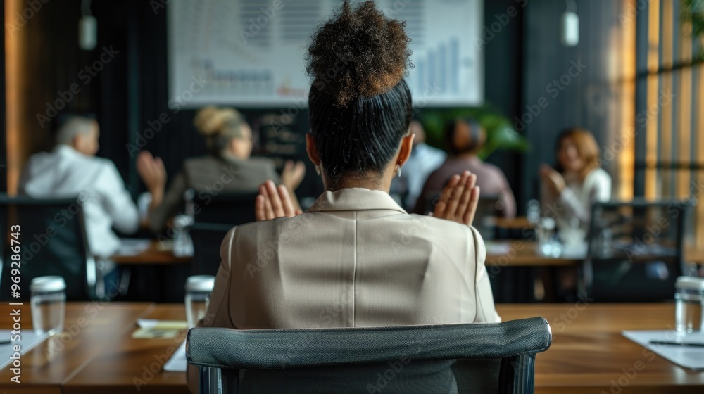 A woman sits in a chair, facing a group of people A woman sits in a chair, facing a group of people