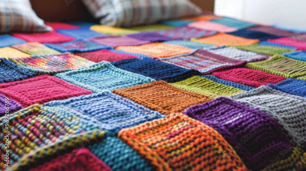 Reminiscent of a patchwork quilt this knitted blanket features a variety of colorful squares and rectangles each with its own unique texture Reminiscent of a patchwork quilt this knitted blanket features a variety of colorful squares and rectangles each with its own unique texture