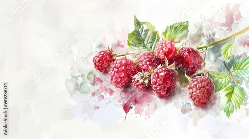 Watercolor drawing painting of rasberry plant fruit