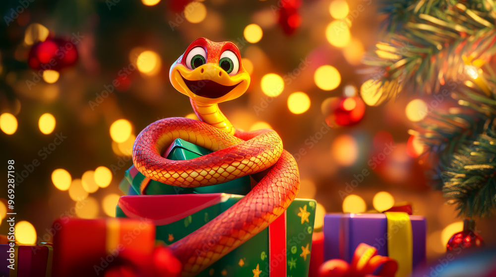 Illustration of animated snake wrapped around Christmas presents with holiday lights and decorations. Festive New Year celebration concept. Illustration of animated snake wrapped around Christmas presents with holiday lights and decorations. Festive New Year celebration concept.
