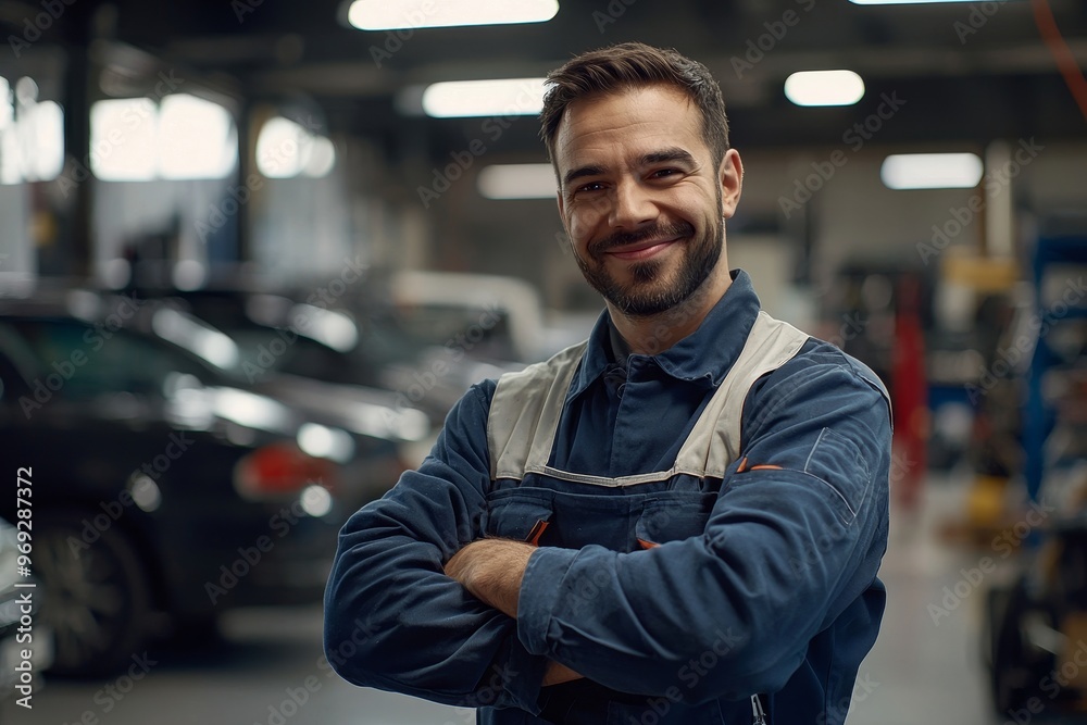 In a modern auto repair shop, garage, male technician cross arms with his hands on his hips. In a modern auto repair shop, garage, male technician cross arms with his hands on his hips.