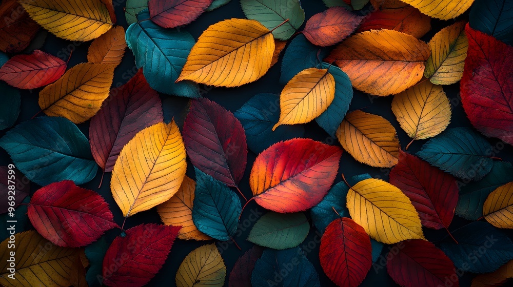 Colorful autumn leaves on a dark background, close-up. Colorful background with vibrant fall foliage Colorful autumn leaves on a dark background, close-up. Colorful background with vibrant fall foliage
