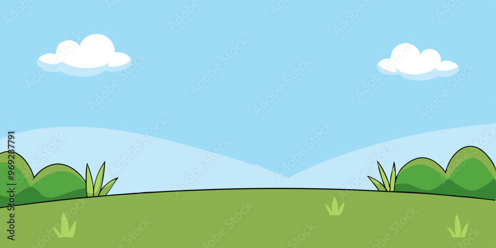 Obraz premium a simple cartoon-style landscape. It features a clear blue sky with two fluffy white clouds. In the foreground, there is a green grassy field with a few small tufts of grass