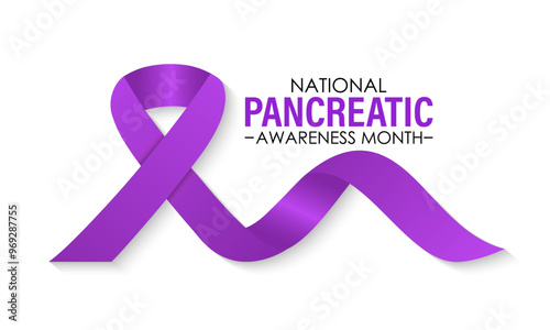 Vector illustration of  Pancreatic Cancer awareness month is observed every year in November. 
Calligraphy and Realistic purple ribbon. Vector illustration transparent background.