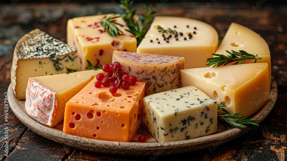 Assortment of Delicious Cheese Varieties on Rustic Wooden Platter, Gourmet Food Photography Assortment of Delicious Cheese Varieties on Rustic Wooden Platter, Gourmet Food Photography