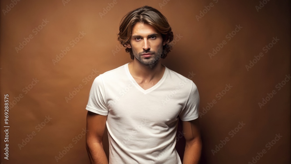 The male model showcases his chiseled features with a stylish bob haircut, donning a crisp white t-shirt against