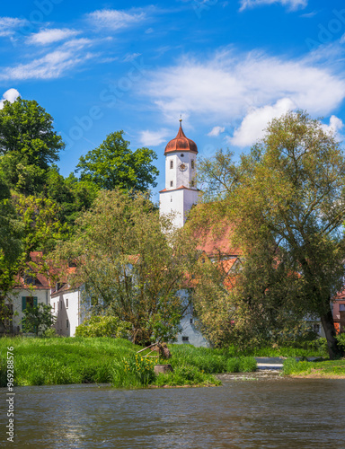 Obraz na płótnie Church of Harburg at the river Wörnitz w salonie