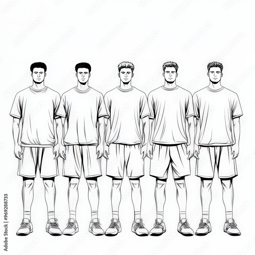 Five Men Standing in a Row in Soccer Uniforms Five Men Standing in a Row in Soccer Uniforms