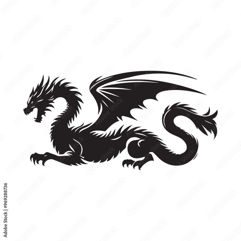 Fantasy Dragon Silhouette - Mythical Creature Outline, Vector drawing of a black dragon silhouette that sits Fantasy Dragon Silhouette - Mythical Creature Outline, Vector drawing of a black dragon silhouette that sits