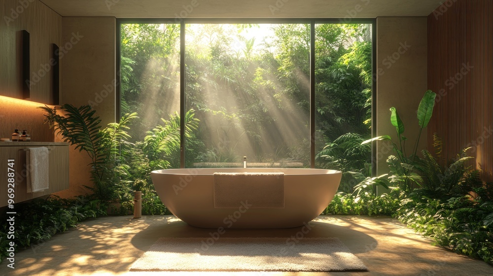 Serene bathroom with a view of lush greenery and natural light. Serene bathroom with a view of lush greenery and natural light.