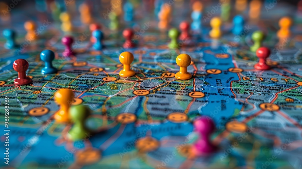 Colorful Pushpins on a Map Marking Locations, Travel Planning, Destination Concepts. Colorful Pushpins on a Map Marking Locations, Travel Planning, Destination Concepts.