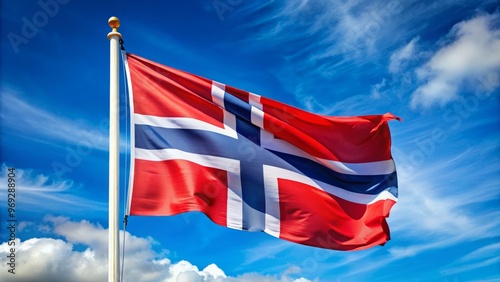 The Norwegian flag's crimson, white, and blue hues flutter in the breeze against a brilliant blue sky, radiating