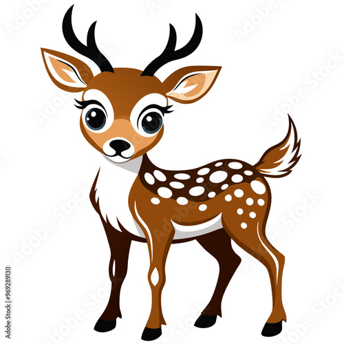 a cartoon illustration of a young deer, often referred to as a fawn. It has large, expressive eyes and a small, cute nose. The deer is predominantly brown with a white underbelly