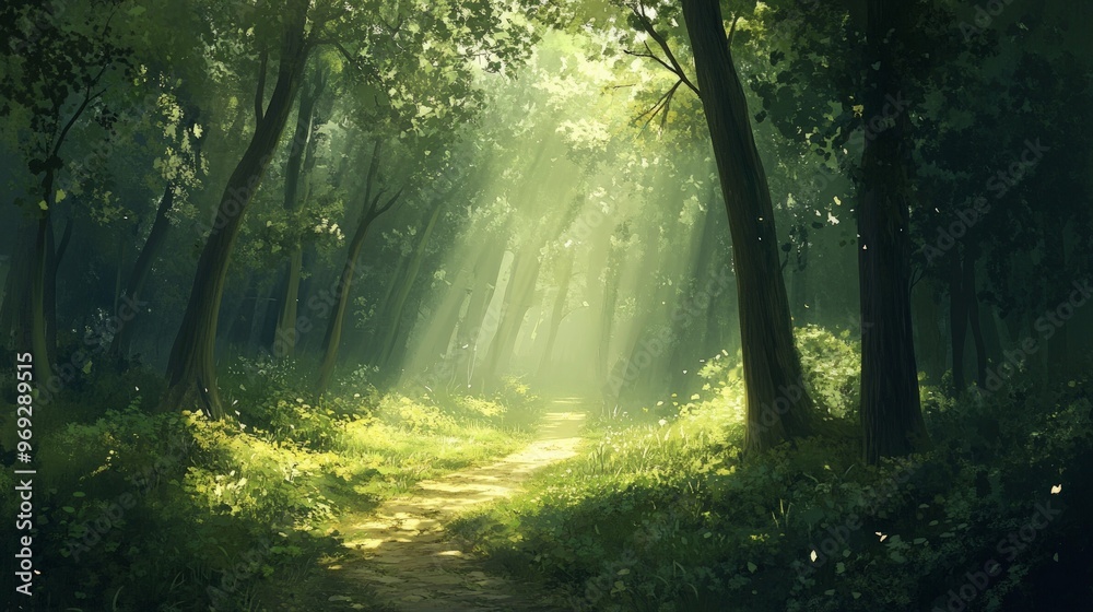 Fototapeta premium Lush green forest with sunlight filtering through the leaves, casting dappled light on a winding path.