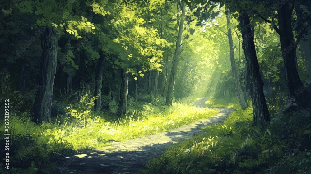 Obraz premium Lush green forest with sunlight filtering through the leaves, casting dappled light on a winding path.