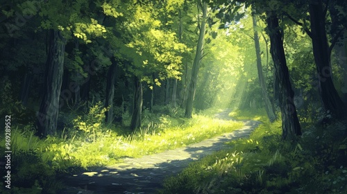 Lush green forest with sunlight filtering through the leaves, casting dappled light on a winding path.