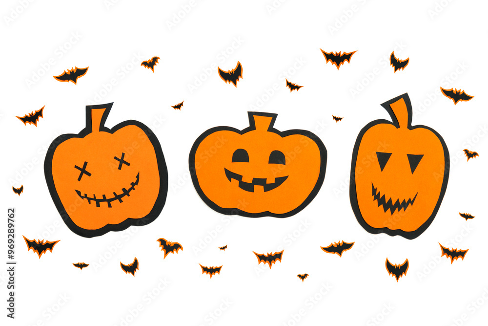 Happy halloween pumpkin smile and bats make from black paper cut on white background, Decorative Halloween concept Happy halloween pumpkin smile and bats make from black paper cut on white background, Decorative Halloween concept