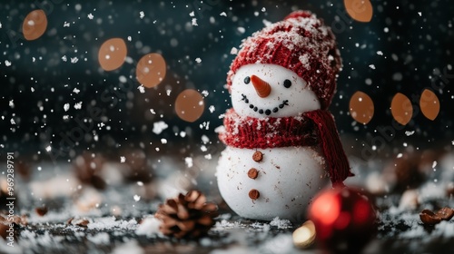 A small, cheerful snowman with a red hat and scarf, surrounded by falling snow and decorated pine cones under warm bokeh lights, creating a festive atmosphere.