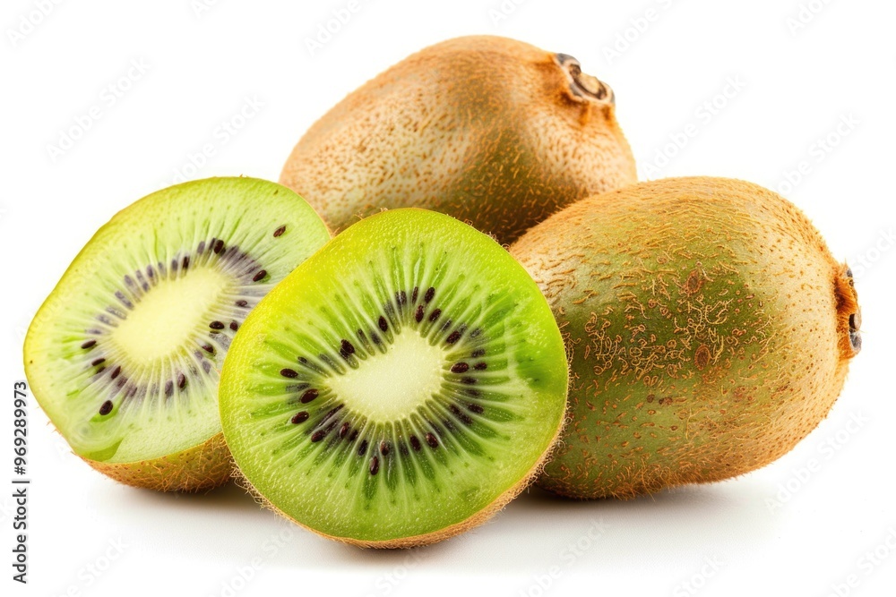 Three kiwifruit halves on a clean white background Three kiwifruit halves on a clean white background
