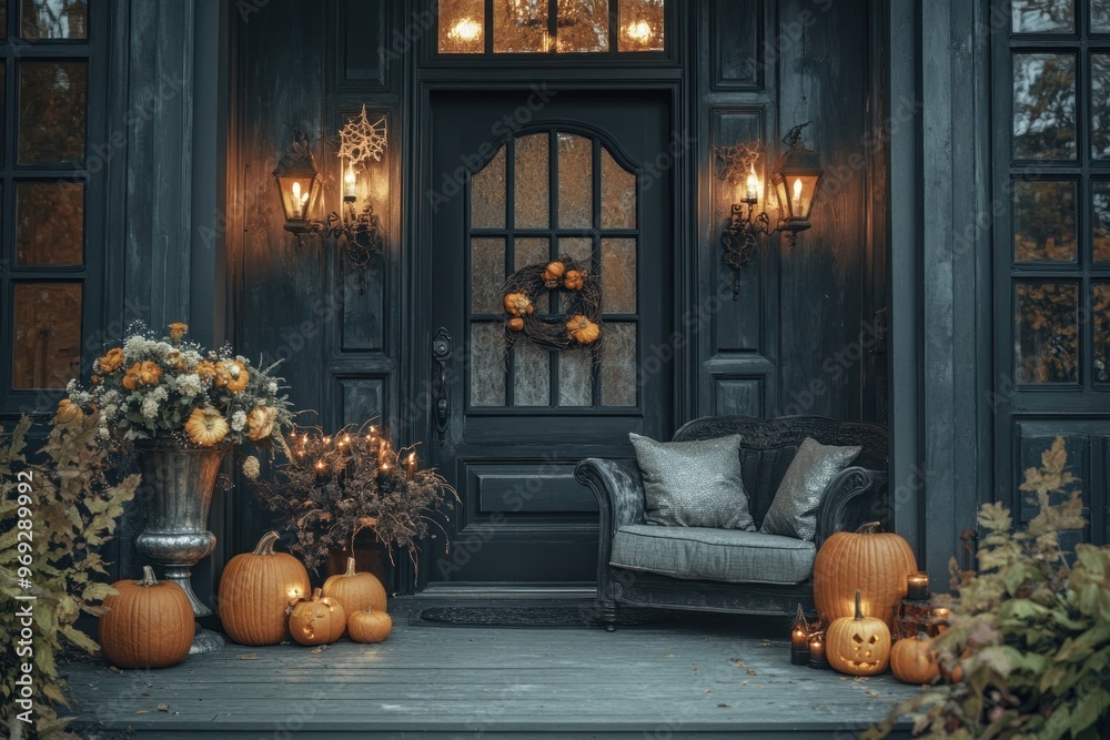 Obraz premium Halloween-themed front porch halloween decorations pumpkins.