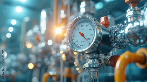 Hyper-Realistic Close-Up of Digital Gauge Measuring Product Pressure in Factory with Cinematic Lighting, Generative AI