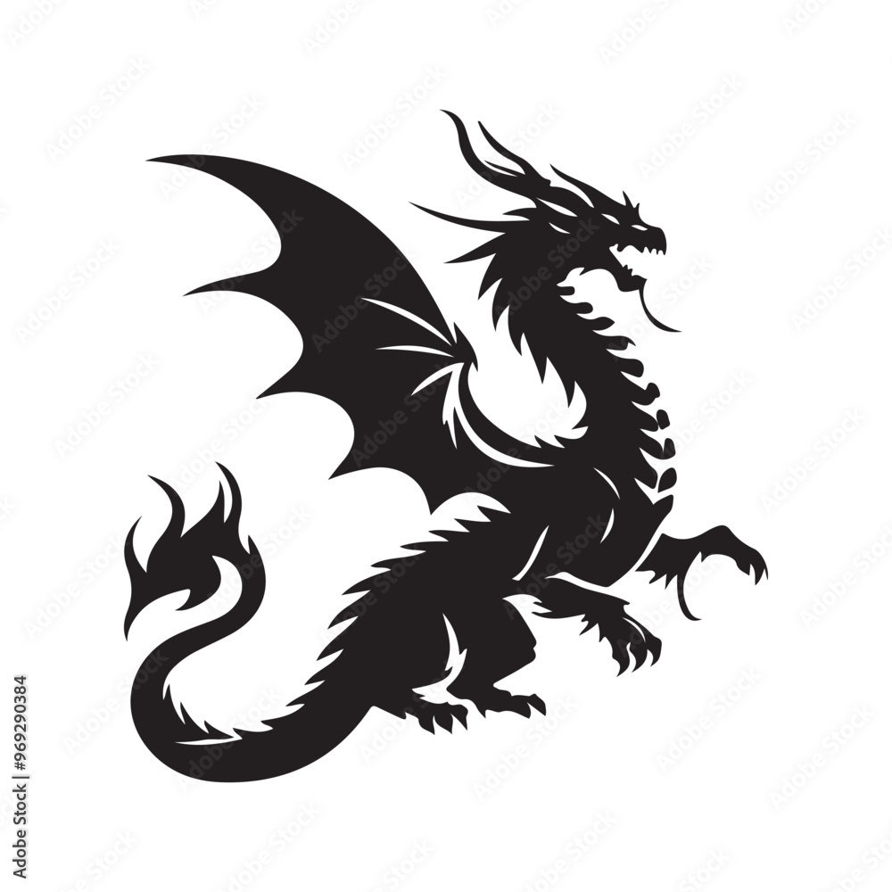 Fantasy Dragon Silhouette - Mythical Creature Outline, Vector drawing of a black dragon silhouette that sits Fantasy Dragon Silhouette - Mythical Creature Outline, Vector drawing of a black dragon silhouette that sits