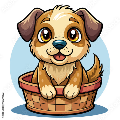 a cute cartoon illustration of a puppy sitting in a basket. The puppy has big, shiny eyes and a happy expression with its tongue sticking out. It has a fluffy coat with a mix of light brown