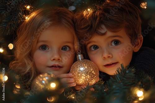 Siblings competing to hang the final ornament on the tree, playful interaction, glowing lights in the background, copy space for stock photo with minimal concept, No logo, No Trademark, No text photo