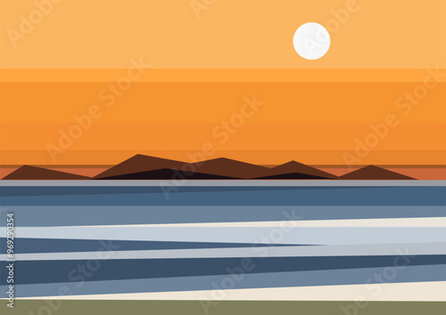 Seaside landscape with mountains vector illustration. Sunset or sunrise in ocean