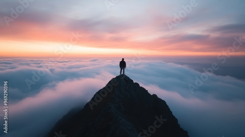 A solitary figure stands on top of a sharp mountain ridge, bathed in the warm light of sunrise above a sea of clouds, representing solitude, contemplation, and human perseverance.