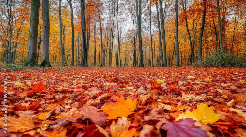 Vibrant autumn forest with leaves in shades of red, orange, and yellow carpeting the ground. Vibrant autumn forest with leaves in shades of red, orange, and yellow carpeting the ground.