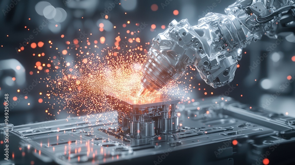 Obraz premium Futuristic Robotic Quality Control Inspection in High-Tech Manufacturing Facility with Cinematic Lighting Effect, Generative AI
