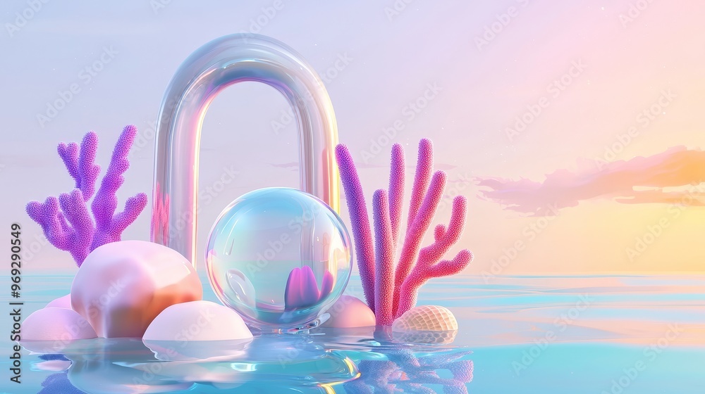 A 3D rendering of a surreal landscape with geometric arches, circles, and metallic balls at the center of a pastel dune desert, lake, with a beautiful sky above it. A 3D rendering of a surreal landscape with geometric arches, circles, and metallic balls at the center of a pastel dune desert, lake, with a beautiful sky above it.