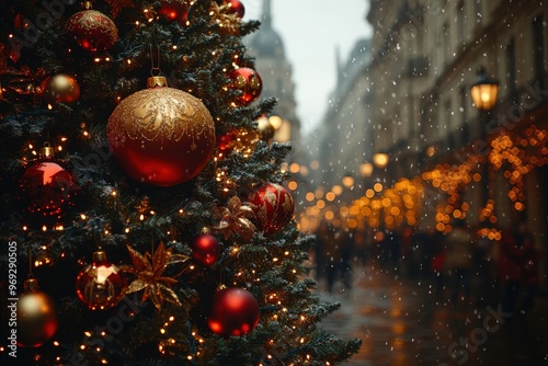 Christmas tree being decorated in a bustling city square, large ornaments and lights, public holiday celebration, copy space for stock photo with minimal concept, No logo, No Trademark, No text