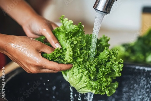 The hands of a person washing vegetables at the sink in the kitchen to prepare a fresh salad using tap water.