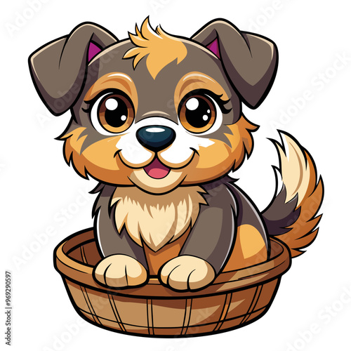 a cute cartoon illustration of a puppy sitting in a small basket. The puppy has large, expressive eyes and a happy expression with its tongue sticking out slightly