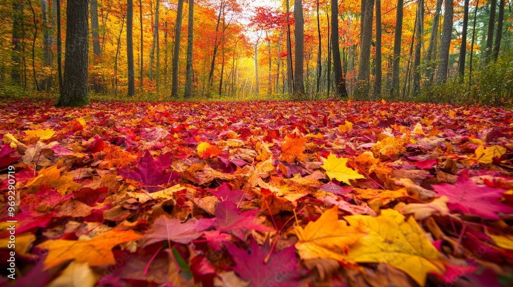 Vibrant autumn forest with leaves in shades of red, orange, and yellow carpeting the ground. Vibrant autumn forest with leaves in shades of red, orange, and yellow carpeting the ground.